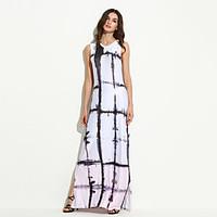 Women\'s Party Vintage Sheath Dress, Print Round Neck Maxi Sleeveless White Polyester Summer