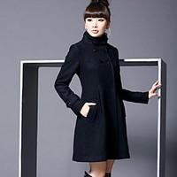 womens coat solid long sleeve winter blue pink black gray wool cotton  ...