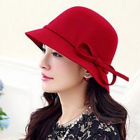 Women Vintage Casual Woolen Solid color bow Dome Jazz Big Brimmed Hat