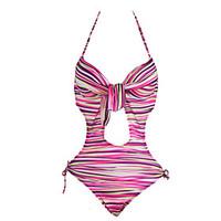 Women\'s Print/Striped Yellow/Purple One Piece Swimwear, Sexy Halter Bow