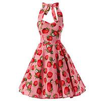 Women\'s Pink Strawberry Pattern Floral Dress , Vintage Halter 50s Rockabilly Swing Dress