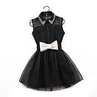 Women\'s Bow White/Black Sleeveless Tank Mesh Vest Mini Dress