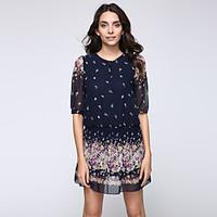 Woman\'s Blue Floral Print Chiffon Bohemia Mini Dress