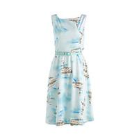 Women\'s Casual/Daily Vintage Loose Dress, Print U Neck Knee-length Sleeveless Blue Polyester Summer