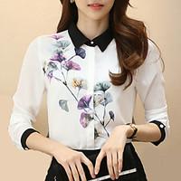 Women\'s Fashion Korean Shirt Collar Wild Floral Print Stitching Long Sleeve Work OL Chiffon Shirt