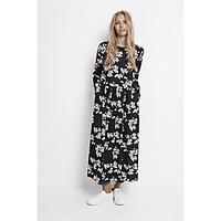Women\'s Boho Casual/Daily Going out Simple Street chic Loose Shift Swing Dress, Solid Floral Round Neck Maxi Long Sleeve Silk Cotton SpringMid
