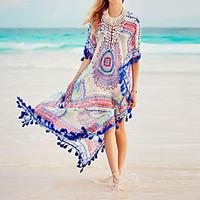 Women\'s Vintage Split Loose Beach Cover-Up Tassels Floral Chiffon Polyester Multi-color