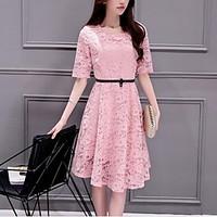 womens lace plus size simple skater dress plaid stand knee length leng ...