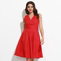 Women\'s Plus Size Vintage Sheath DressSolid Sleeveless Red Cotton All Seasons Mid Rise Micro-elastic Medium