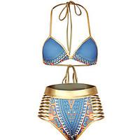 womens boho halter tankini color block polyester gold