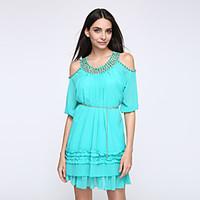 Women\'s Cut Out/Ruffle Casual/Daily Street chic Plus Size/Loose Dress, Solid Round Neck Above Knee ½ Length Sleeve Blue/Pink/Red/Yellow Polyester
