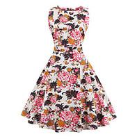 Women\'s Plus Size Vintage Swing Dress, Floral Round Neck Knee-length Sleeveless Red / White / Black / Multi-color Cotton Summer