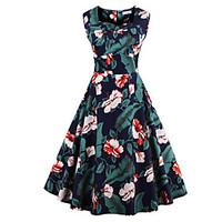 Women\'s Plus Size Vintage Swing Dress, Floral Square Neck Knee-length Sleeveless Blue / Red / White / Black Cotton Summer