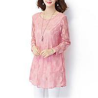 Women\'s Lace Plus Size / Casual/Daily Vintage / Simple Fall / Winter ShirtSolid Round Neck Long Sleeve Pink / Polyester