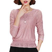 Women\'s Lace Casual/Daily Simple Fall / Winter BlouseSolid Round Neck Long Sleeve Pink / Red / White / Black Polyester Thin