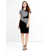 womens work bodycon dress patchwork round neck above knee short sleeve ...