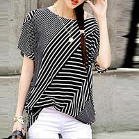 Women\'s Fine Stripe Round Neck Blouse, Chiffon Short Sleeve