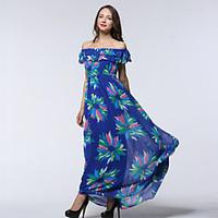 Women\'s Off The ShoulderRuffle Beach / Plus Size Boho Chiffon Dress, Print Asymmetrical Maxi Sleeveless Blue Spandex Summer
