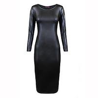 Women\'s Sexy PU Leather Long Sleeve Midi Dress