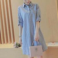 Women\'s Fine Stripe Shirt Collar Ruffle Maternity Dress, Linen Above Knee ½ Length Sleeve