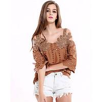 Women\'s Off The Shoulder Going out Casual/Daily Vintage Spring Summer Blouse, Solid Boat Neck Sleeveless Brown Polyester Medium