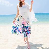 Women\'s Beach Holiday Boho Sheath Dress, Floral Round Neck Midi Short Sleeve White Yellow Polyester Summer Mid Rise Inelastic Medium