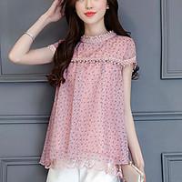 Women\'s Slim Cute Summer Blouse Print Patchwork Lace Cut Out Round Neck Short Sleeve Polyester Thin