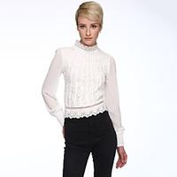 Women\'s Lace Spring Summer Lace Splice Chiffon Stand Collar Long Sleeve OL Shirt Casual Blouse Tops