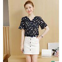 Women\'s Going out Casual/Daily Vintage Simple Summer Shirt Skirt Suits, Print V Neck Short Sleeve