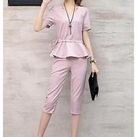 Women\'s Casual/Daily Simple Summer T-shirt Pant Suits, Solid U Neck Short Sleeve Micro-elastic