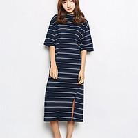 Women\'s Going out Casual/Daily Beach Vintage Cute A Line Sheath Dress, Solid Striped Round Neck Maxi Above Knee Long Sleeve Cotton Linen