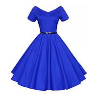 Women\'s Going out Vintage Sheath Dress, Solid / Floral V Neck Knee-length Short Sleeve Blue / Red / Black Cotton Summer Mid Rise