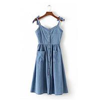 Women\'s Casual/Daily Denim Dress, Solid Strap Midi Slings Denim Summer Mid Rise Micro-elastic Thin