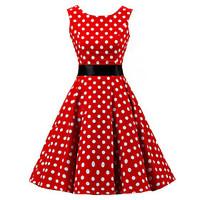 Women\'s Going out Vintage / Cute A Line / Skater Dress, Polka Dot Round Neck Knee-length Sleeveless Red Cotton Spring / Summer High Rise