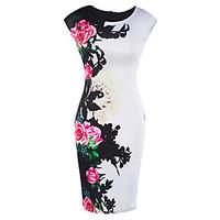 Women\'s Casual/Daily Party Vintage Bodycon Dress, Floral Round Neck Knee-length Sleeveless White Cotton Polyester Summer High Rise