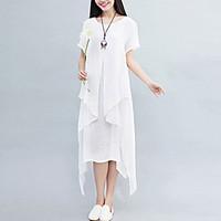 Women\'s Asymmetrical Casual/Daily Street chic Loose Dress Solid Asymmetrical False Two Short Sleeve Cotton /Linen White /Gray /Orange Summer