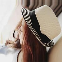 Women Sweet Straw Sun Bucket Hat Beach Hat Striped Print Bowknot Casual Summer