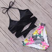 womens halter bikini cross floral solid sport polyester black