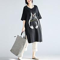 Women\'s Casual/Daily Simple T Shirt Dress, Animal Print Round Neck Knee-length Short Sleeve Cotton Summer Mid Rise Micro-elastic Medium