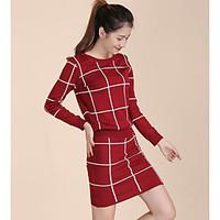 Women\'s Casual/Daily Work Simple Shirt Dress Suits, Solid Plaid Round Neck Long Sleeve strenchy