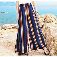 Women\'s Mid Rise Stretchy Wide Leg Pants, Street chic Wide Leg Striped Color Block