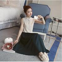 womens casualdaily simple summer shirt skirt suits solid stand sleevel ...