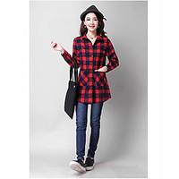 Women\'s Casual Cute Spring Shirt, Plaid/Check High Neck Long Sleeve Cotton