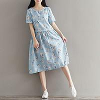 Women\'s Daily A Line Dress, Floral Print Round Neck Knee-length Short Sleeve Rayon Summer Low Rise Micro-elastic Medium