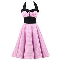 Women\'s Pink White Mini Polka Dot Dress , Black Collars Big Buttons Vintage Halter 50s Rockabilly Swing Dress