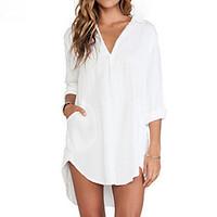 Women\'s Pure White V Neck/Shirt Collar Long Sleeve Loose Long Shirt