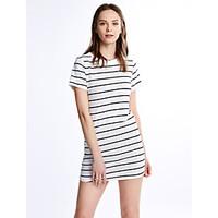 Women\'s Fine Stripe Casual/Daily Shift Dress, Striped Round Neck Mini Short Sleeve White / Black Cotton All Seasons