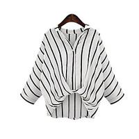 Women\'s Fine Stripe Casual/Daily Street chic Spring Blouse, Striped Shirt Collar ¾ Sleeve White / Black Linen Thin