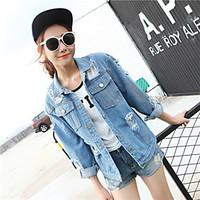 Women\'s Casual/Daily Vintage Street chic Fall Denim Jacket, Solid Square Neck Long Sleeve Regular Cotton