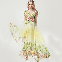 Women\'s Boho Beach Plus Size/Chiffon Dress, Floral V Neck Maxi Short Sleeve Yellow Polyester Summer